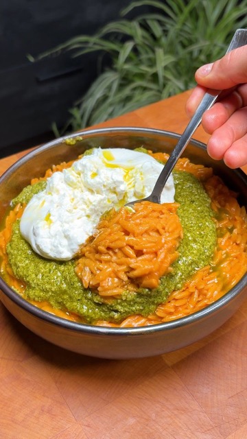 Creamy Tomato Orzo with Burrata and Pesto